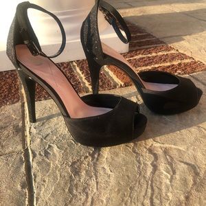 Black satin and glitter ankle strap platform heels